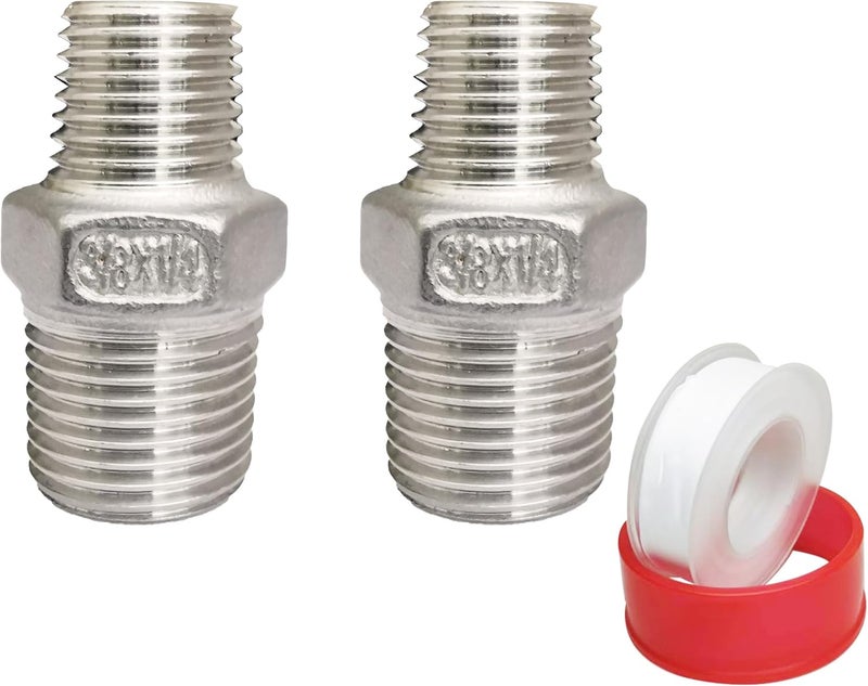 POTONZ 3/8" Male x 1/4" Male NPT Threaded Reducing Hex Nipple ，304 Stainless Steel Reducing Pipe Fitting Nipple Adapter With Teflon Plumbers Tape (Pack of 2) - Image 1